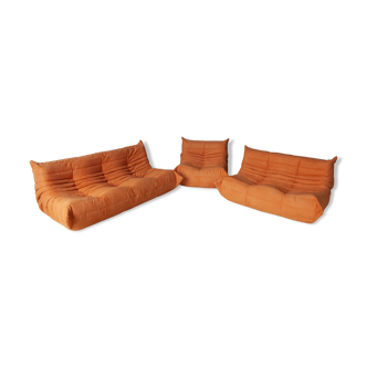 Set of 3 togo sofas in orange fabric model designed by Michel Ducaroy 1973