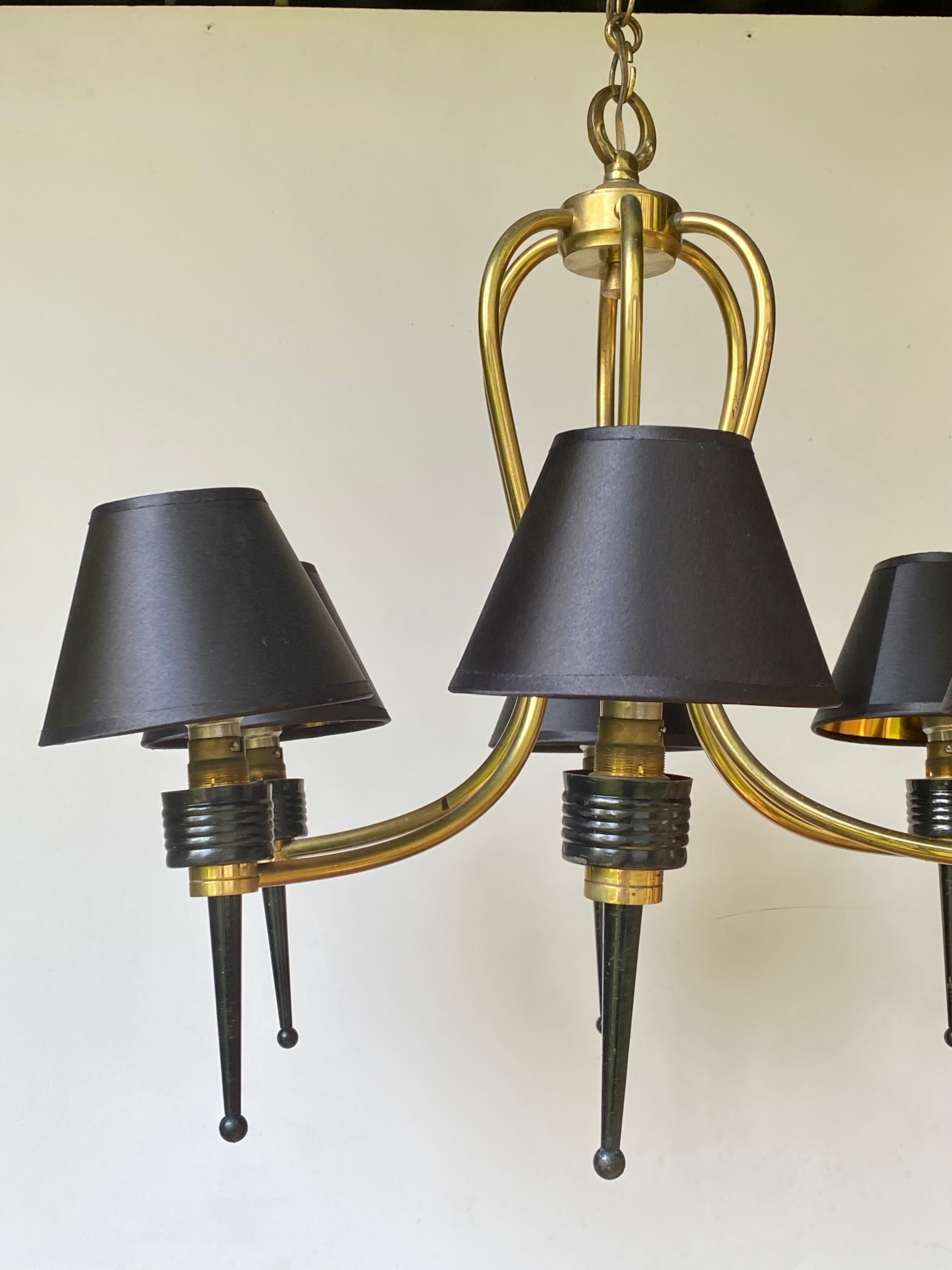 1950 six-armed brass cage chandelier