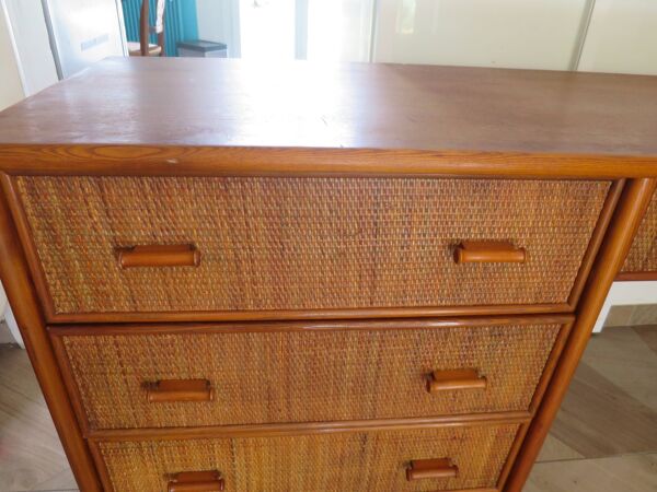 Vintage-Bureau cannage rotin  bois-grand plateau-5 tiroirs-Années 60/70