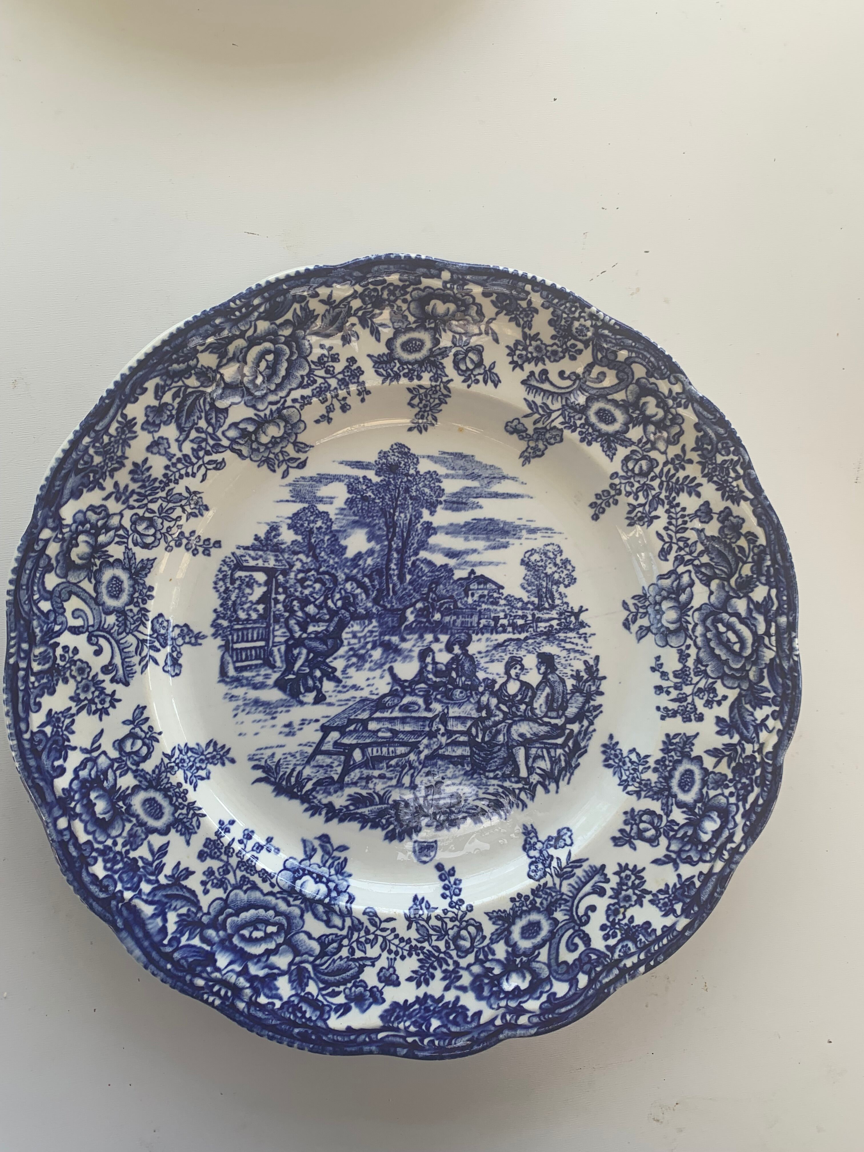 7 flat plates english pattern blue peasant scene vintage