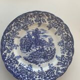 7 flat plates english pattern blue peasant scene vintage
