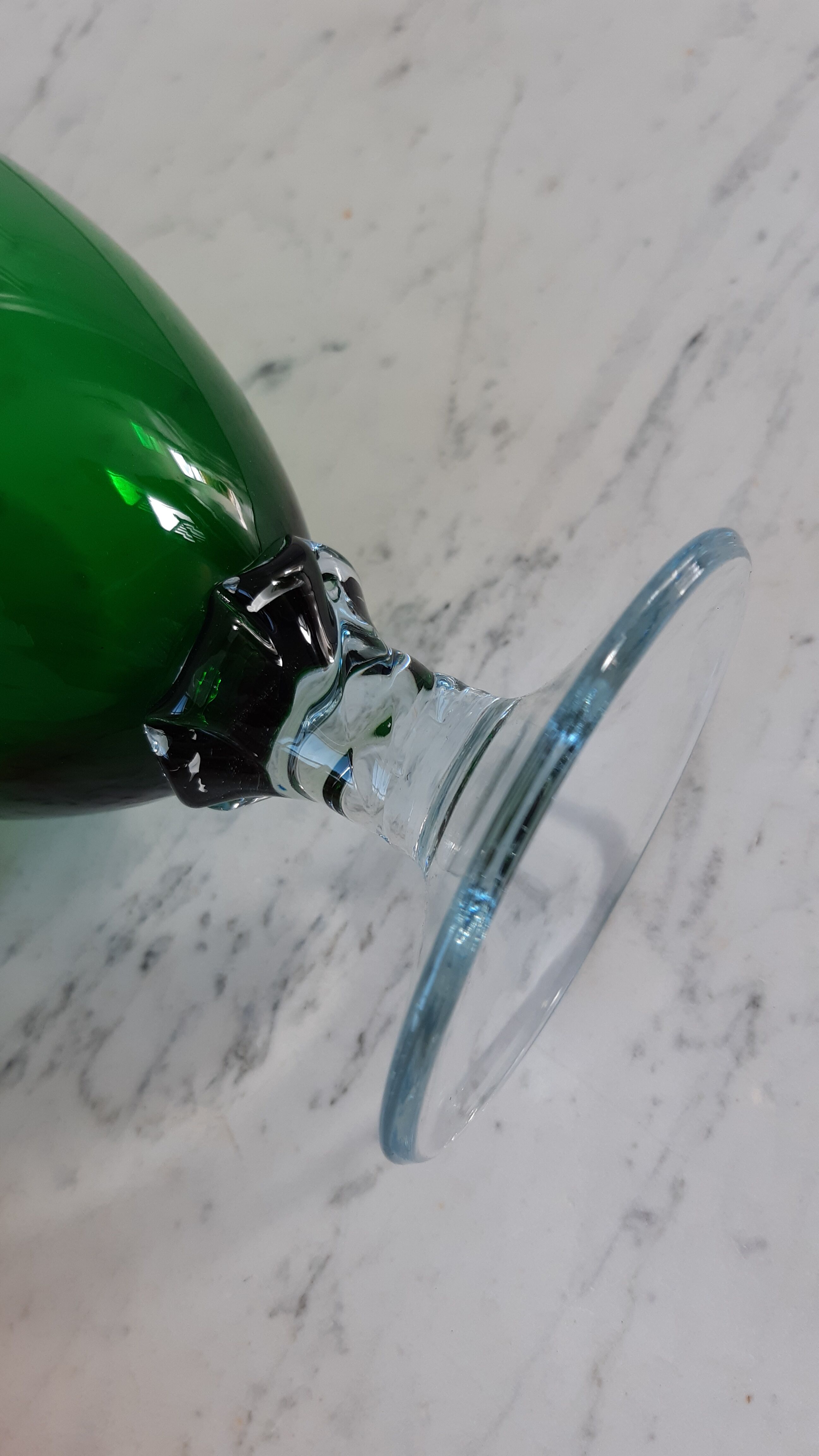 Duo of royal blue and green polished glass decanters 60s-70s