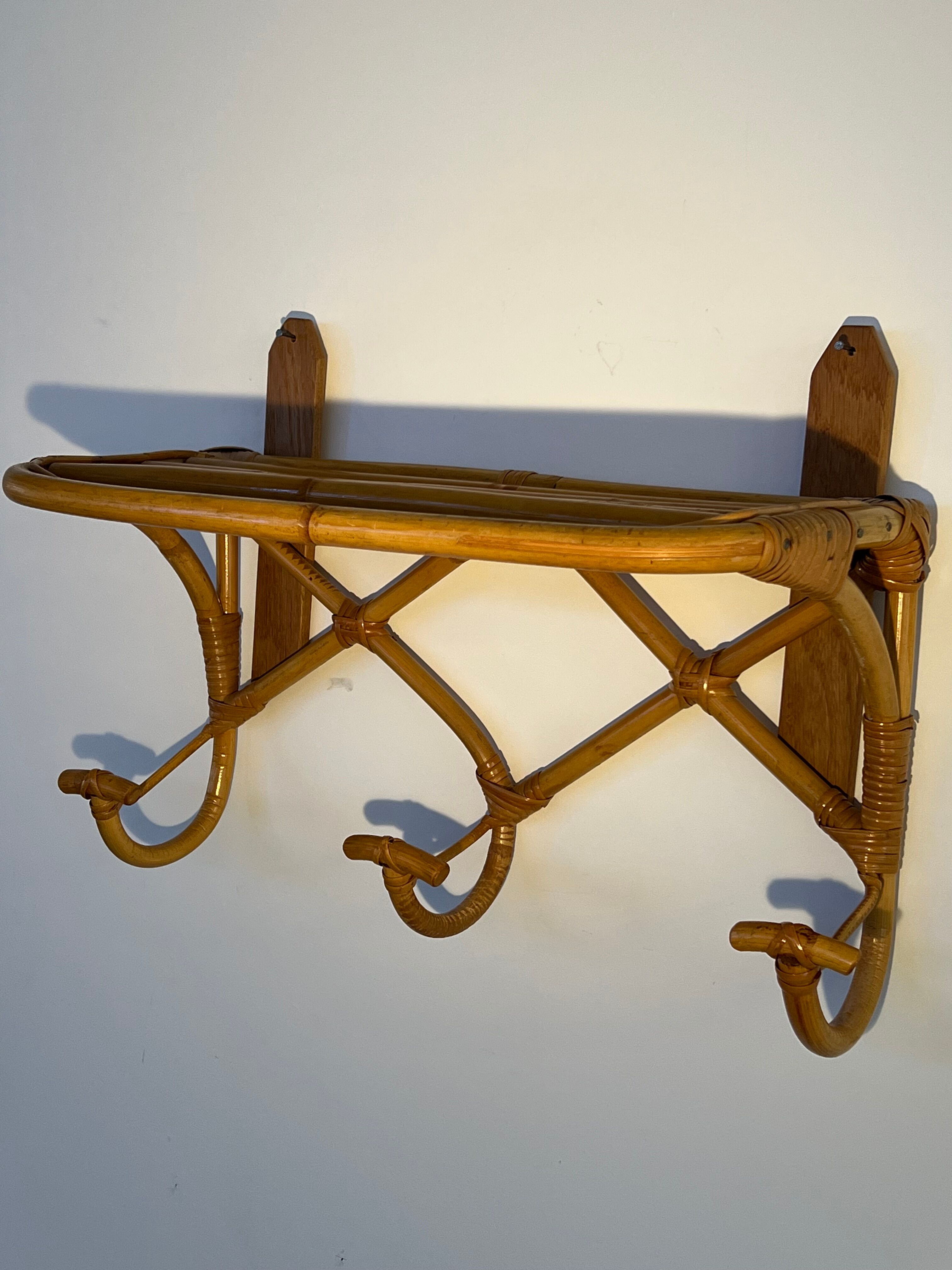 Vintage rattan wall coat rack