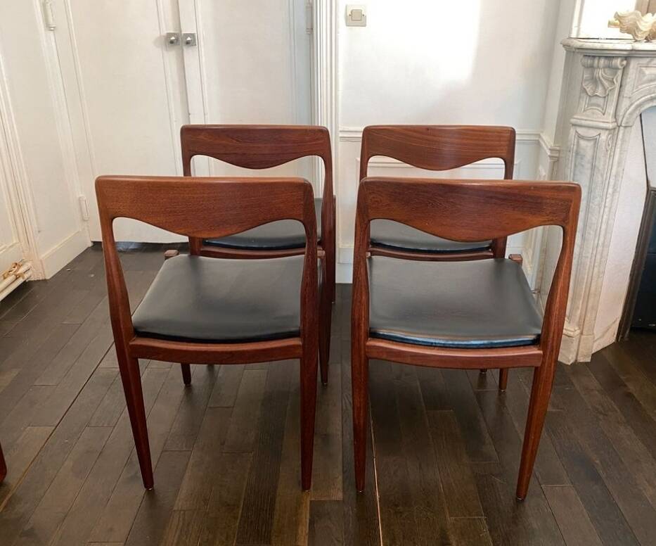 Set of 4 vintage designer chairs in teak and black skai 60's