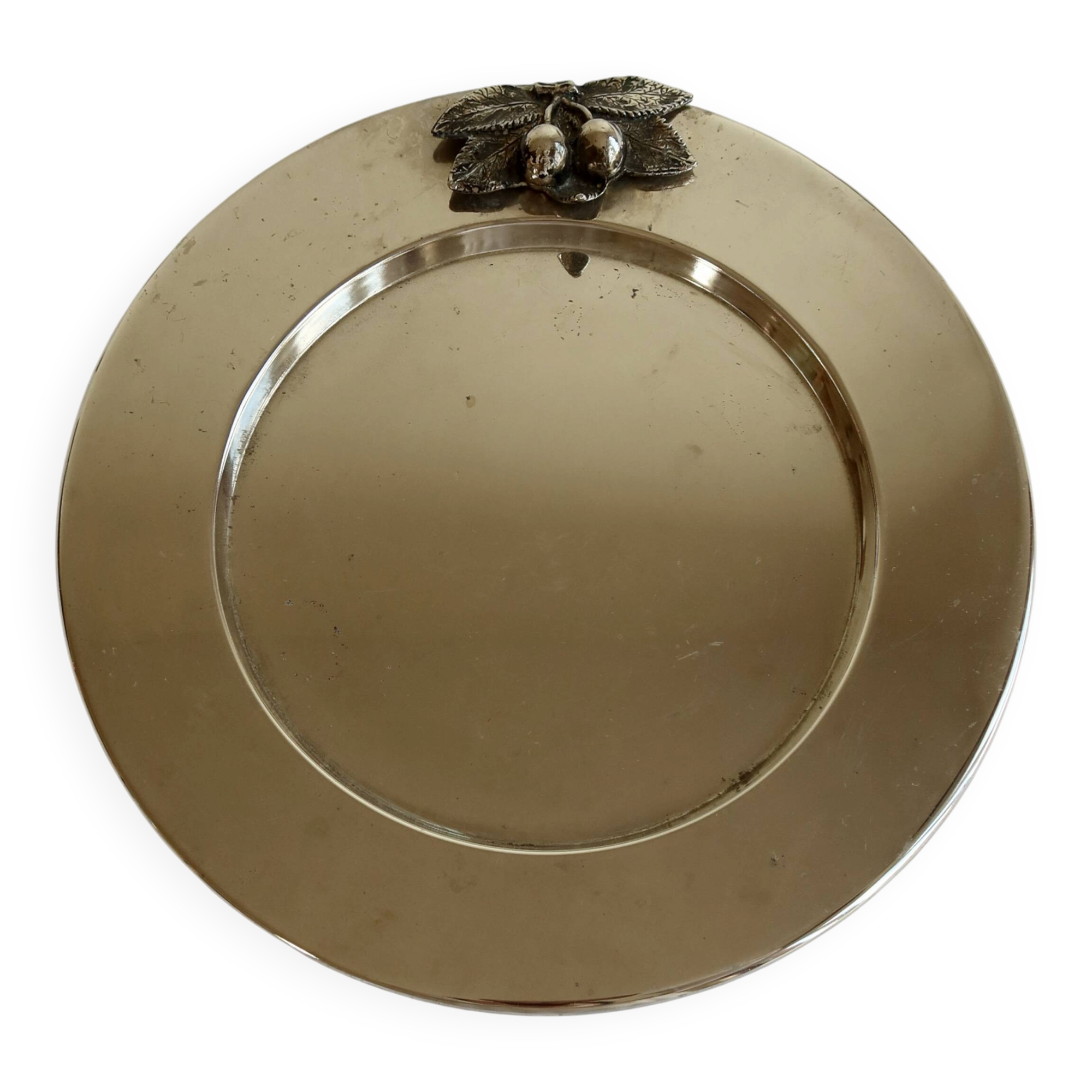 Vintage silver-plated round serving tray cherries