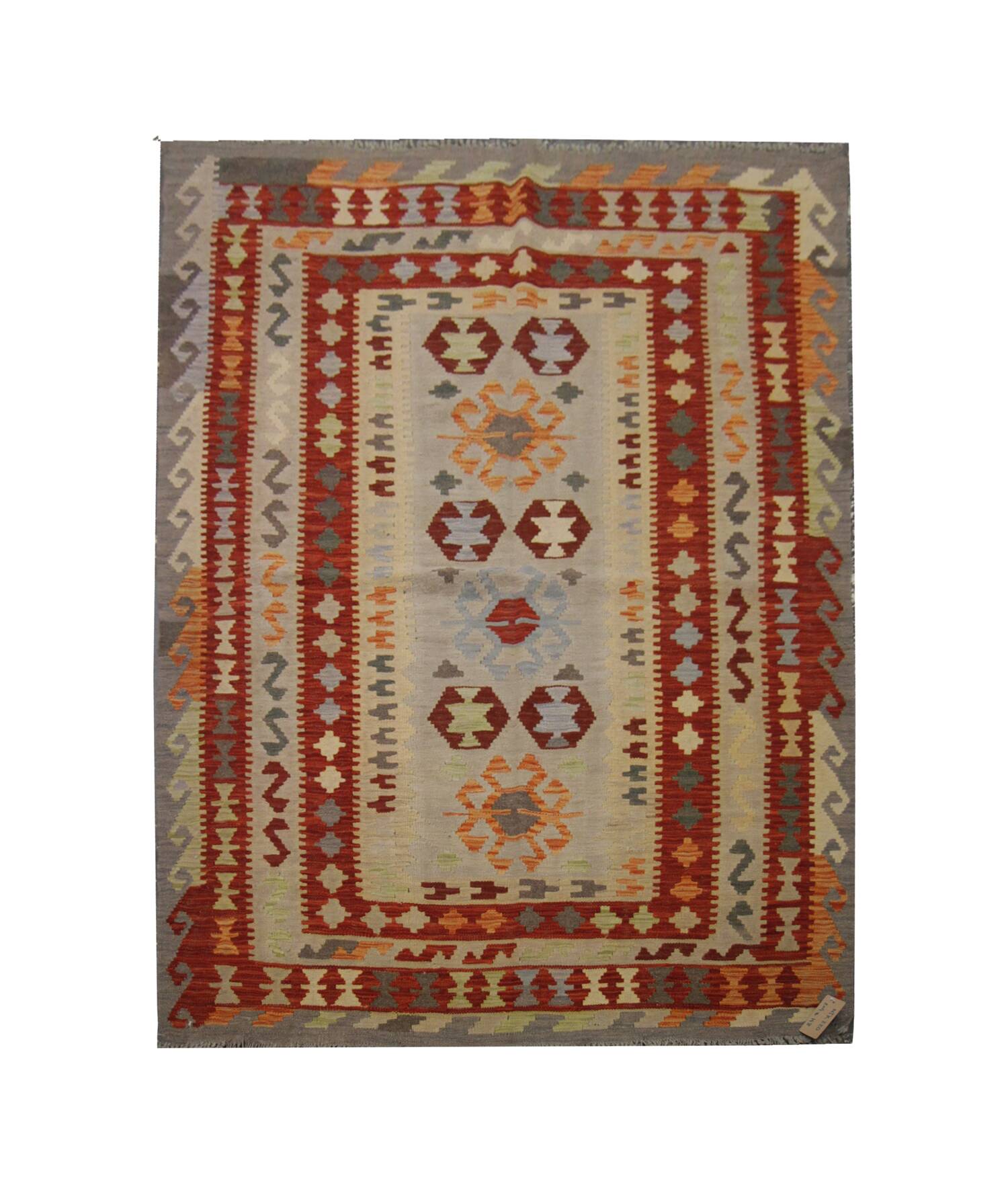 Tapis Kilim en laine fait main rouge et beige, tissage plat oriental tribal 204 x 148 cm