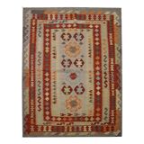 Tapis Kilim en laine fait main rouge et beige, tissage plat oriental tribal 204 x 148 cm
