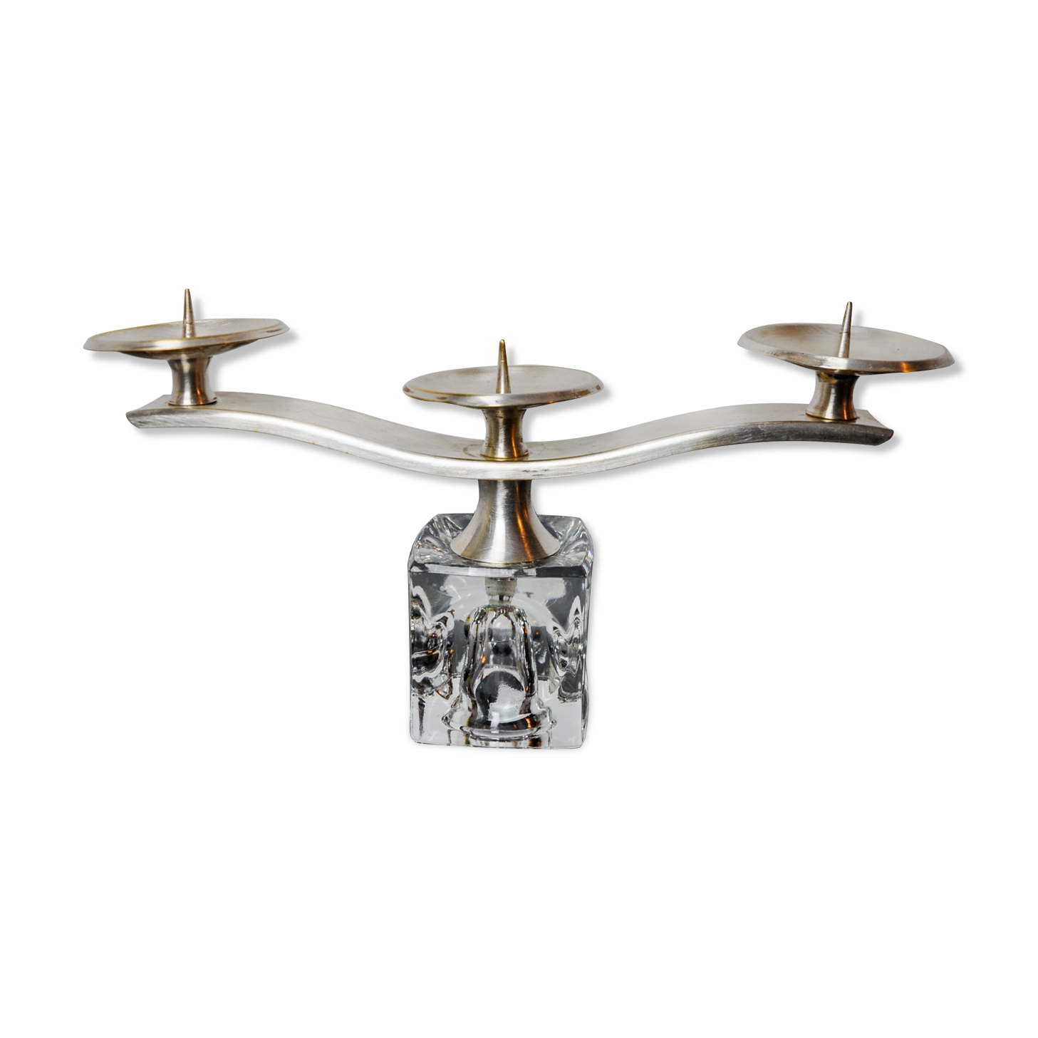 Ice cube candle holder by Peill & Putzler, 3 flames, glass and silver-plated metal, Germany, 1970
