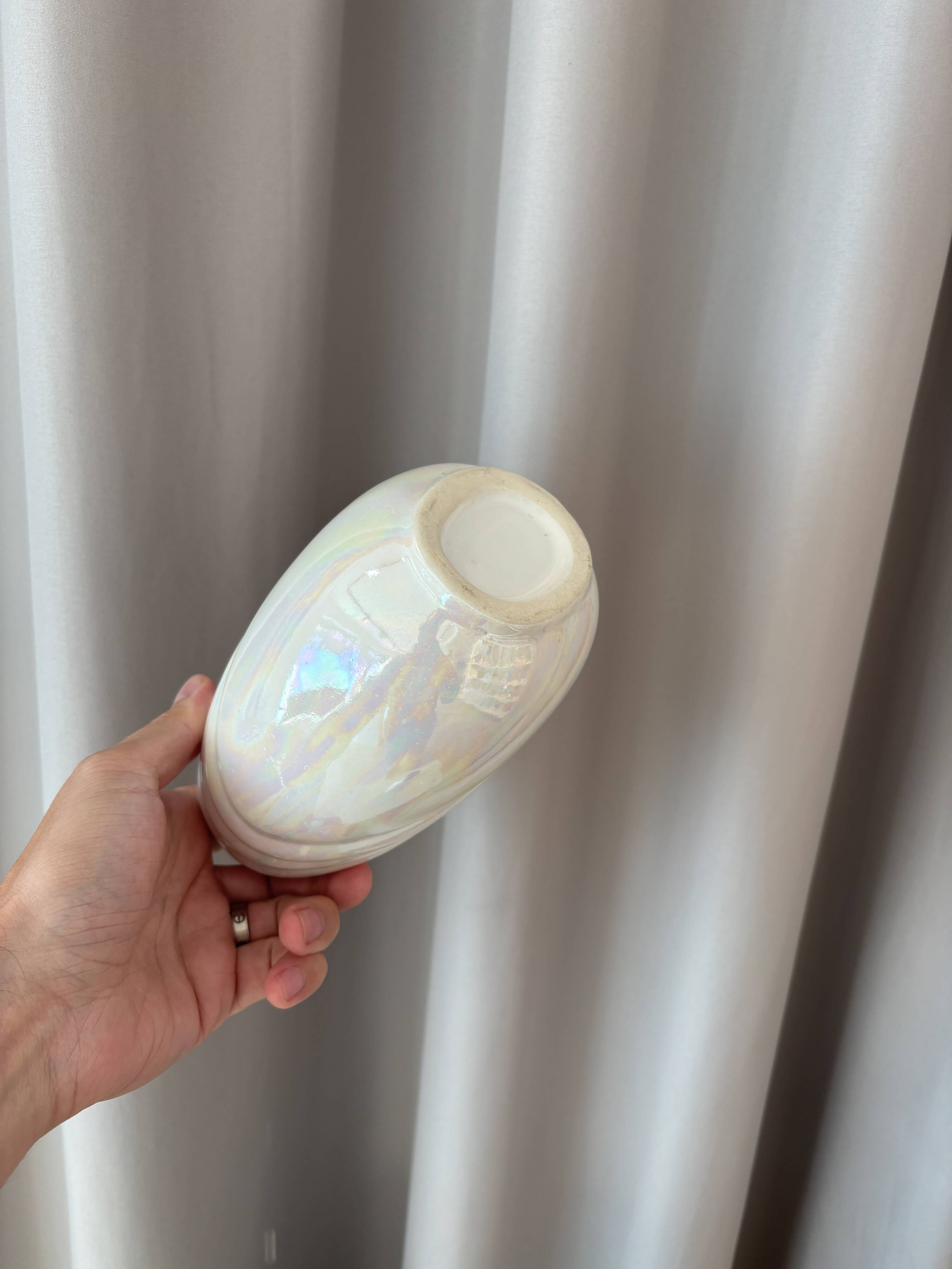 Pair of vintage iridescent white ceramic vases
