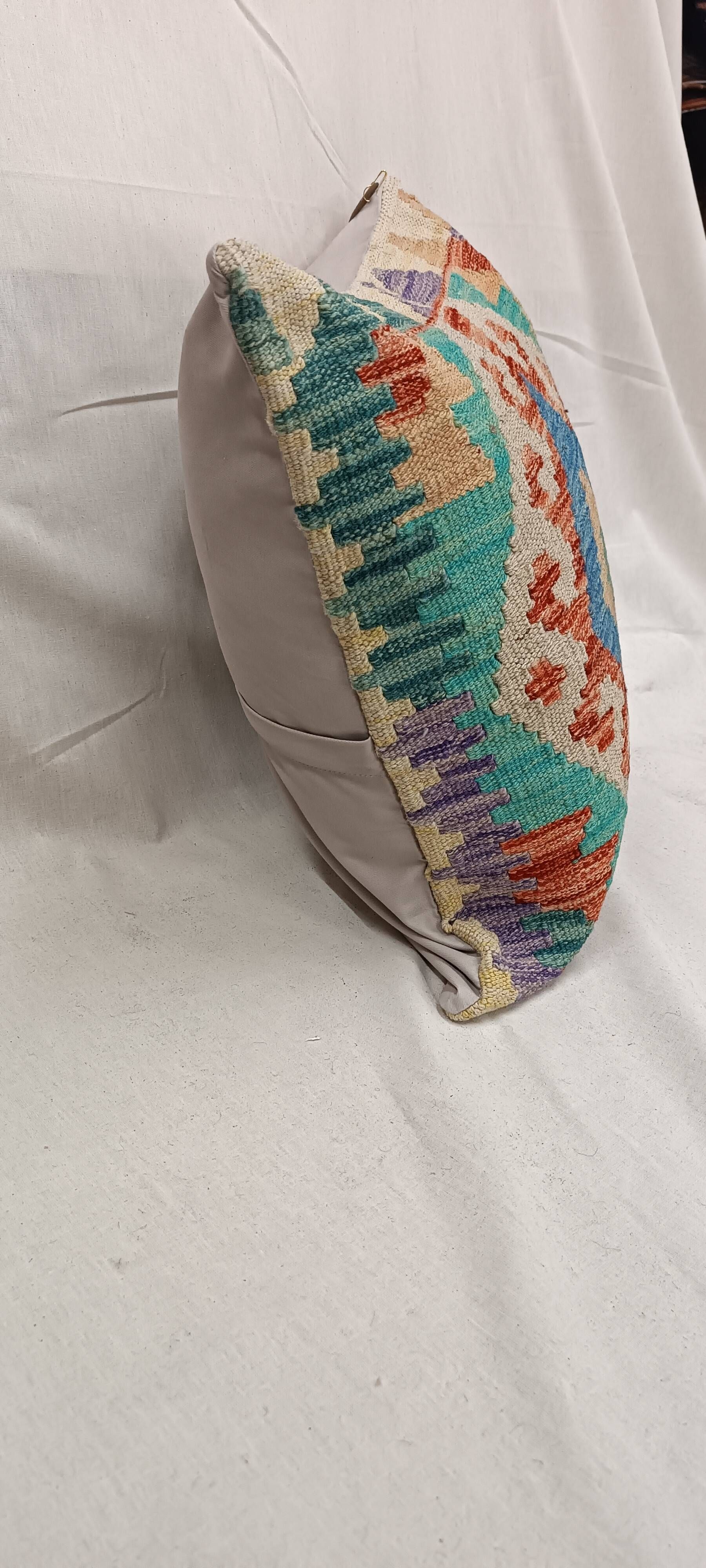 Turquoise Blue Geometric Cushion Cover, Vintage Wool Kilim Pillow Home Decor