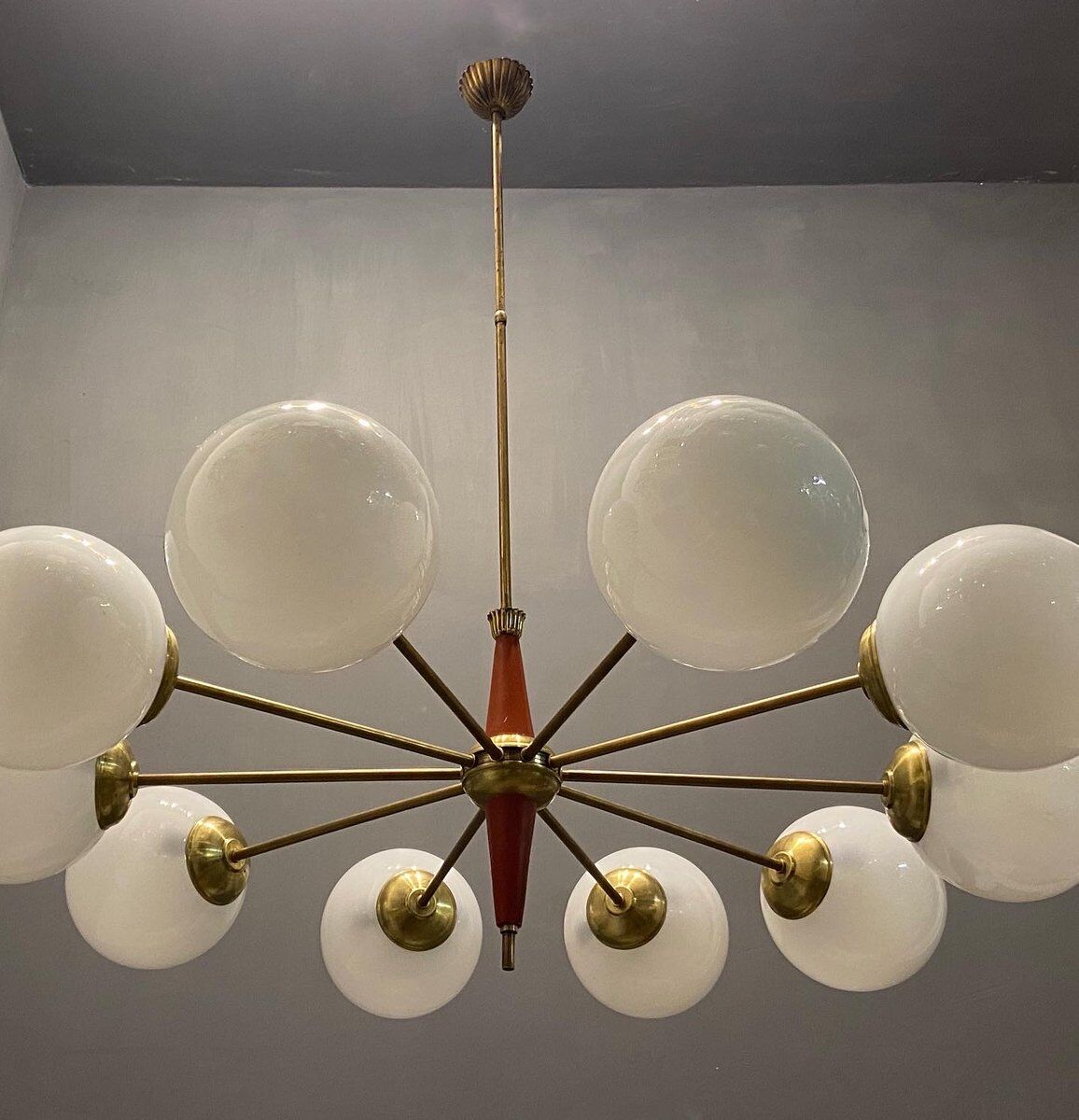 Italian sputnik chandelier in opaline glass, 1960s