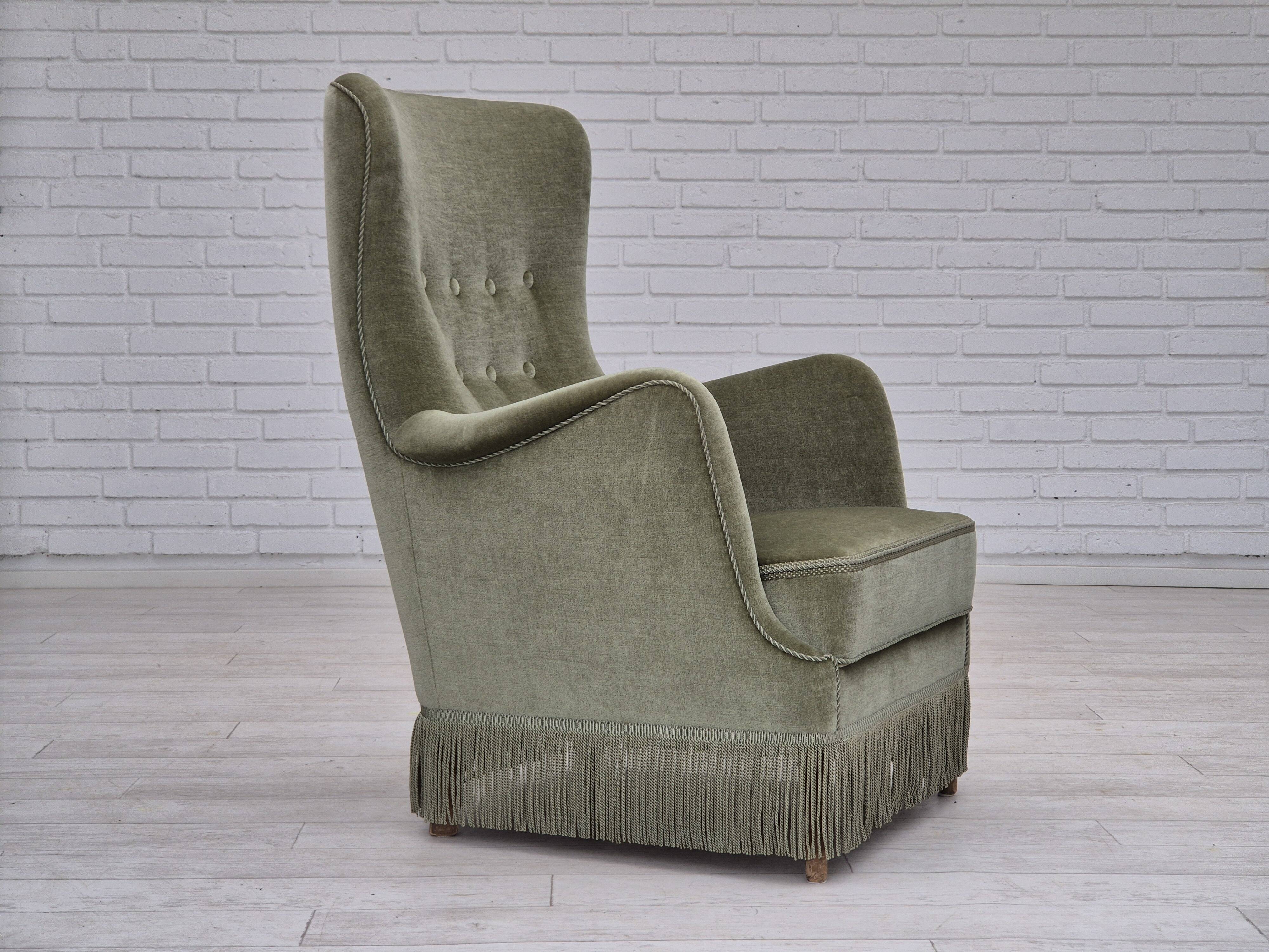 1970s, Danish armchair, velour, beech wood, original excellent condition.