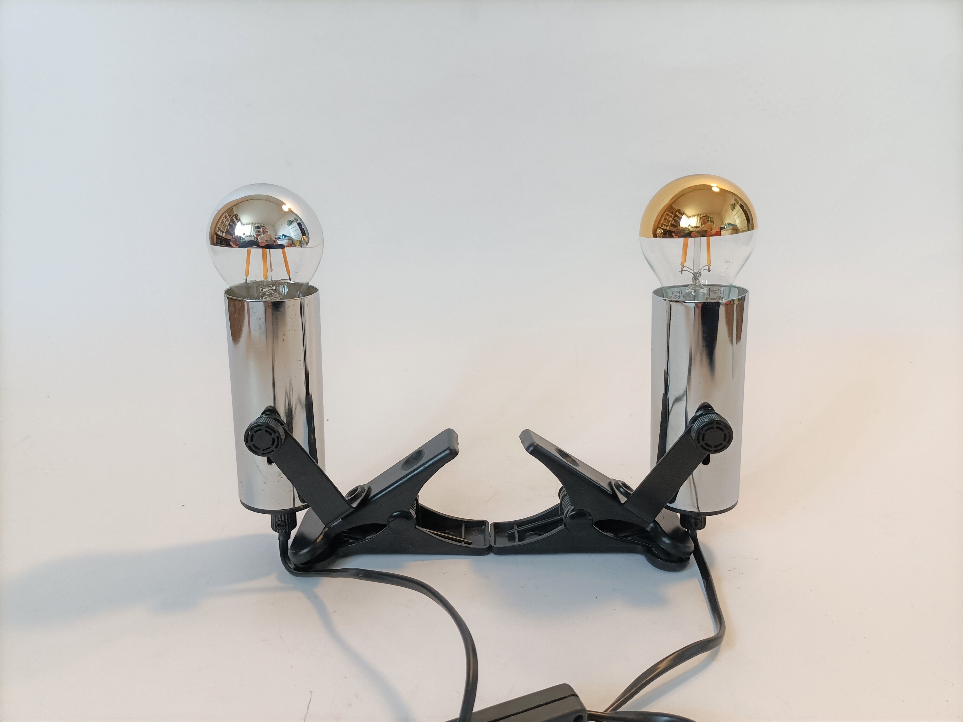 Pair of Targetti clamp spotlights in chrome metal 1970