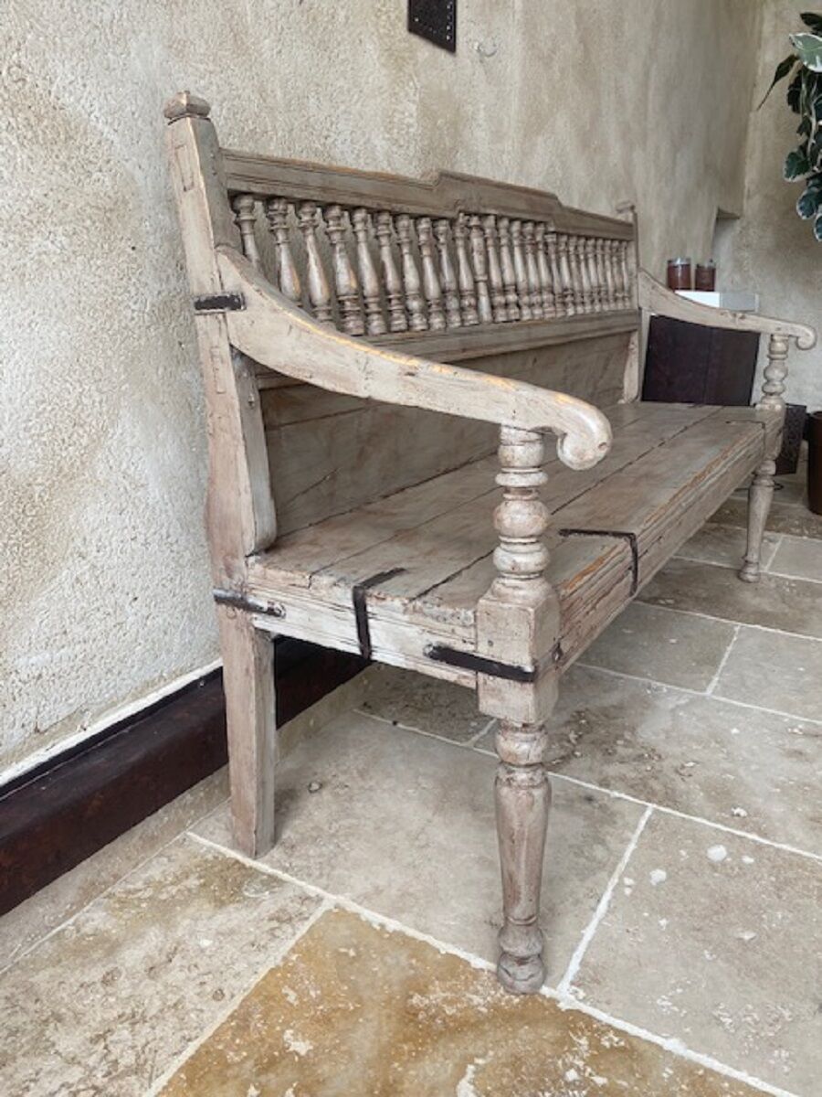 Patinated exotic wood bench for indoor or outdoor use