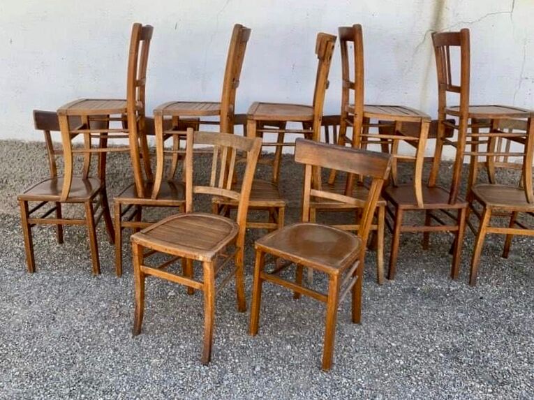 Set of 13 old art deco bistro chairs from the 1930s in light wood