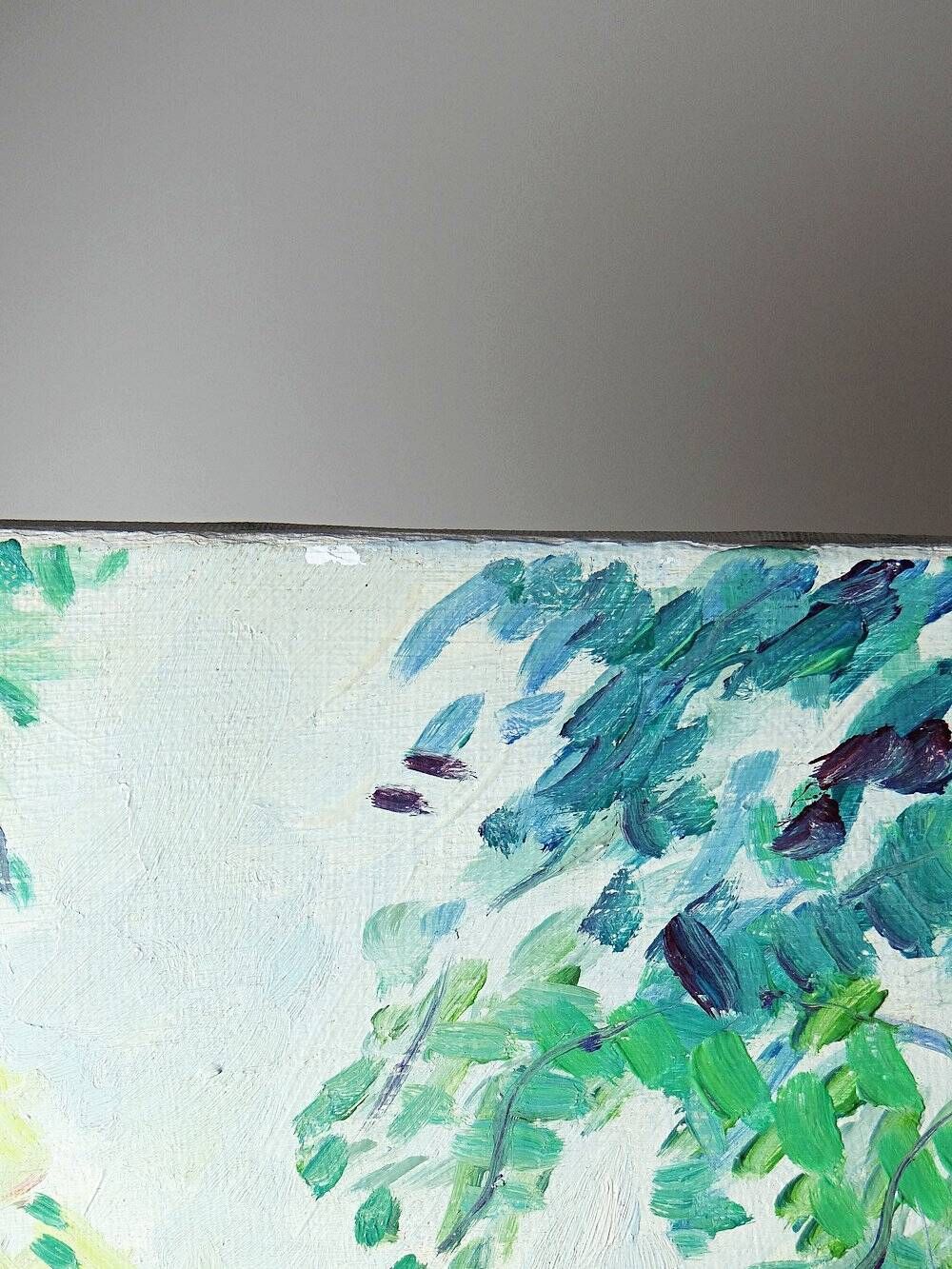 Modern colourful landscape tableau oil on canvas vintage village signed Gaulot