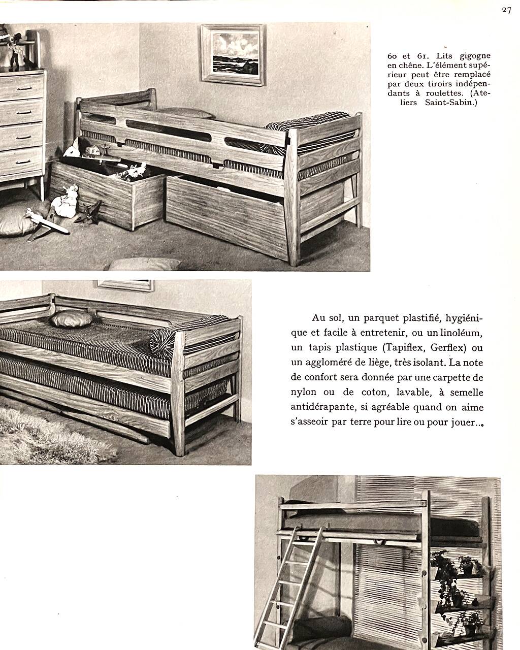 Oak bed with 3 Saint-Sabin chests 1950