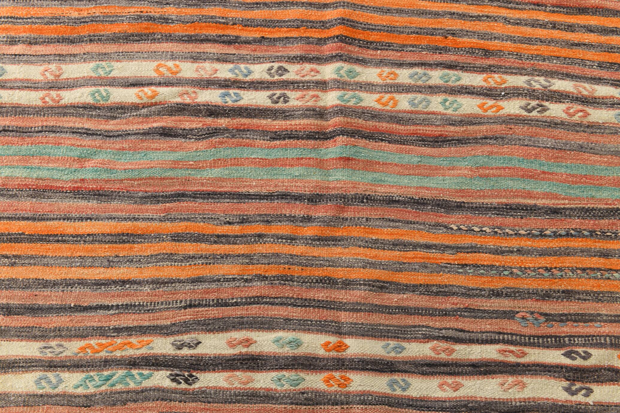 Pinstriped Pattern Vintage Kilim Rug, 201x227Cm