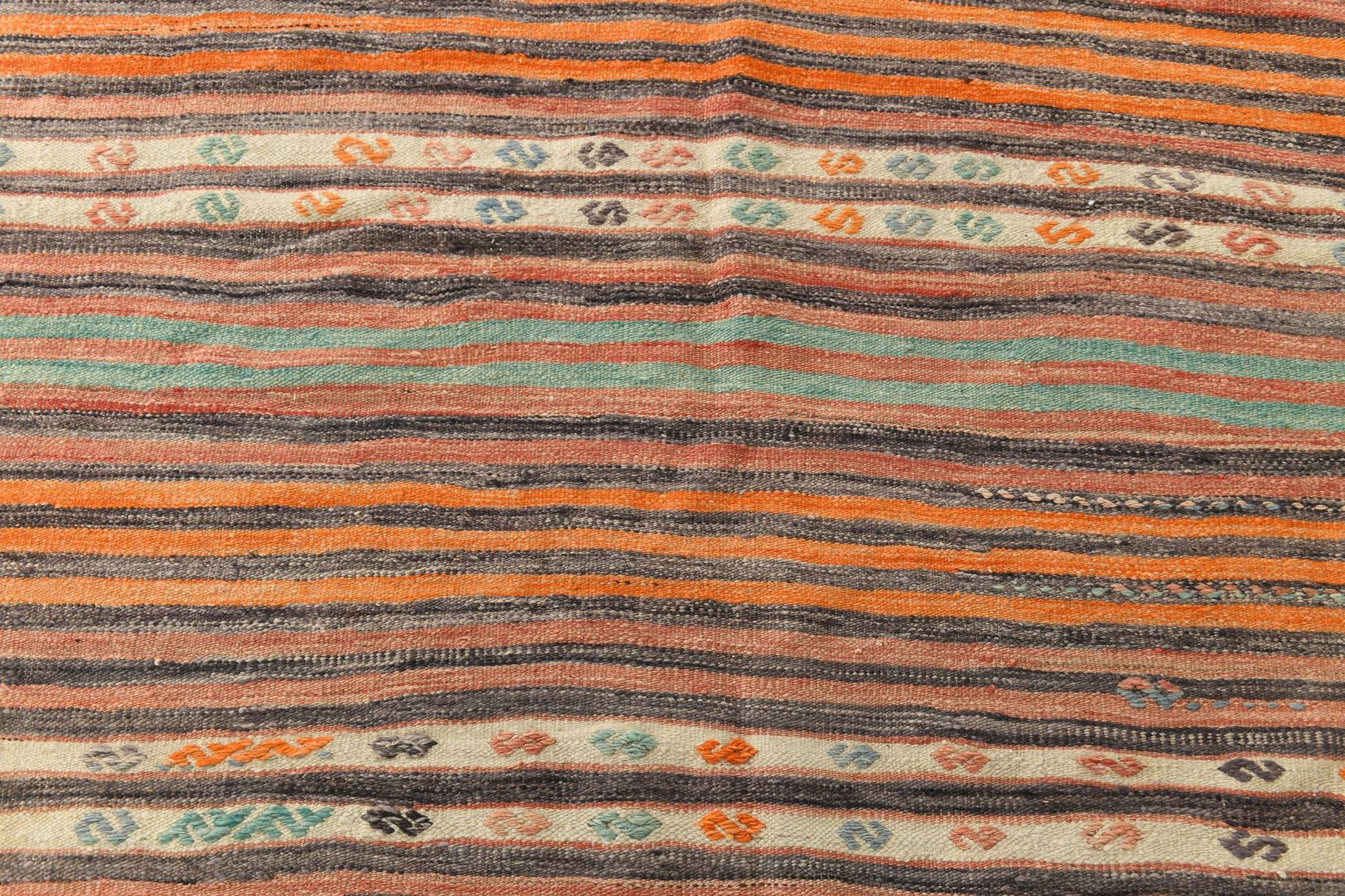 Pinstriped Pattern Vintage Kilim Rug, 201x227Cm