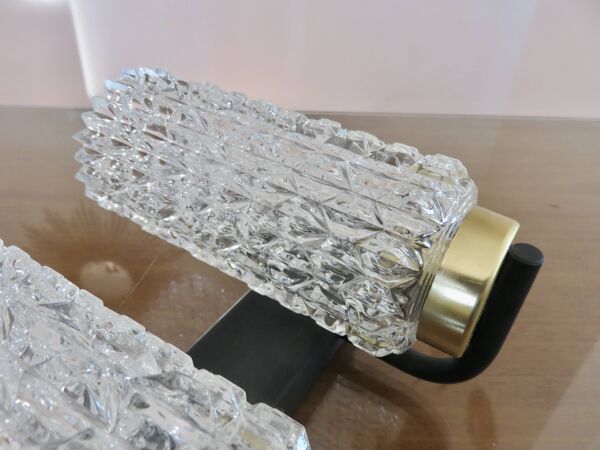 Applique double style Arlus métal doré et métal laqué noir, verre pointe de diamant 1960