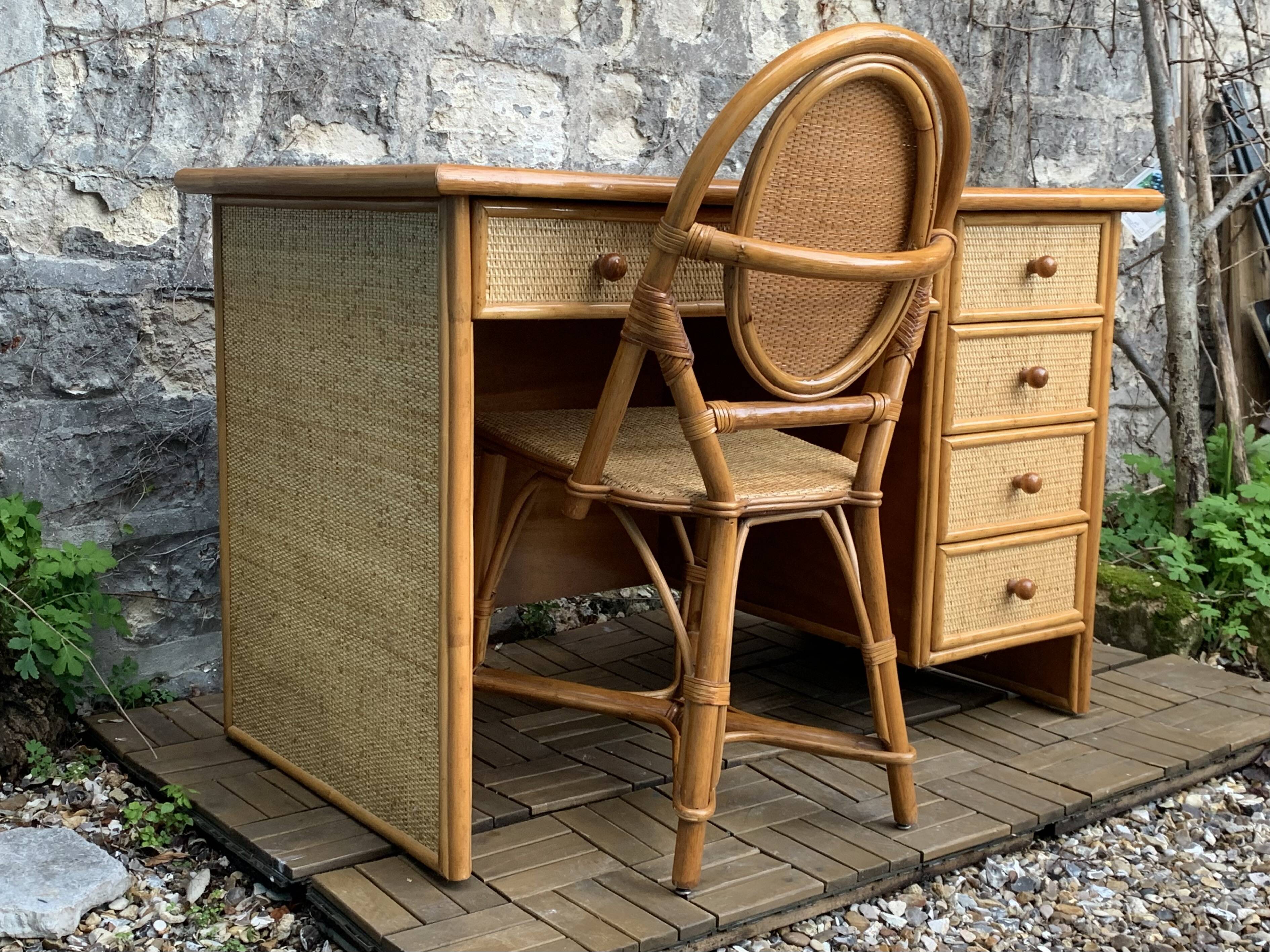 Vintage rattan and woven wicker desk 1970