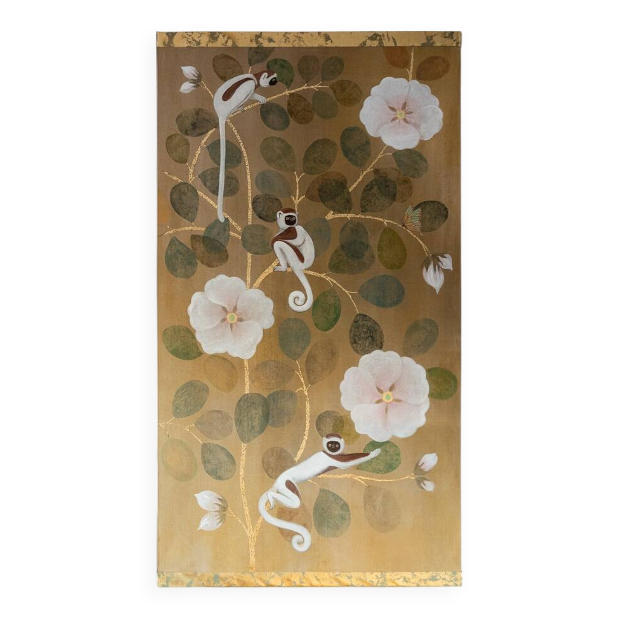 Toile peinte représentant des lémuriens. Travail contemporain.