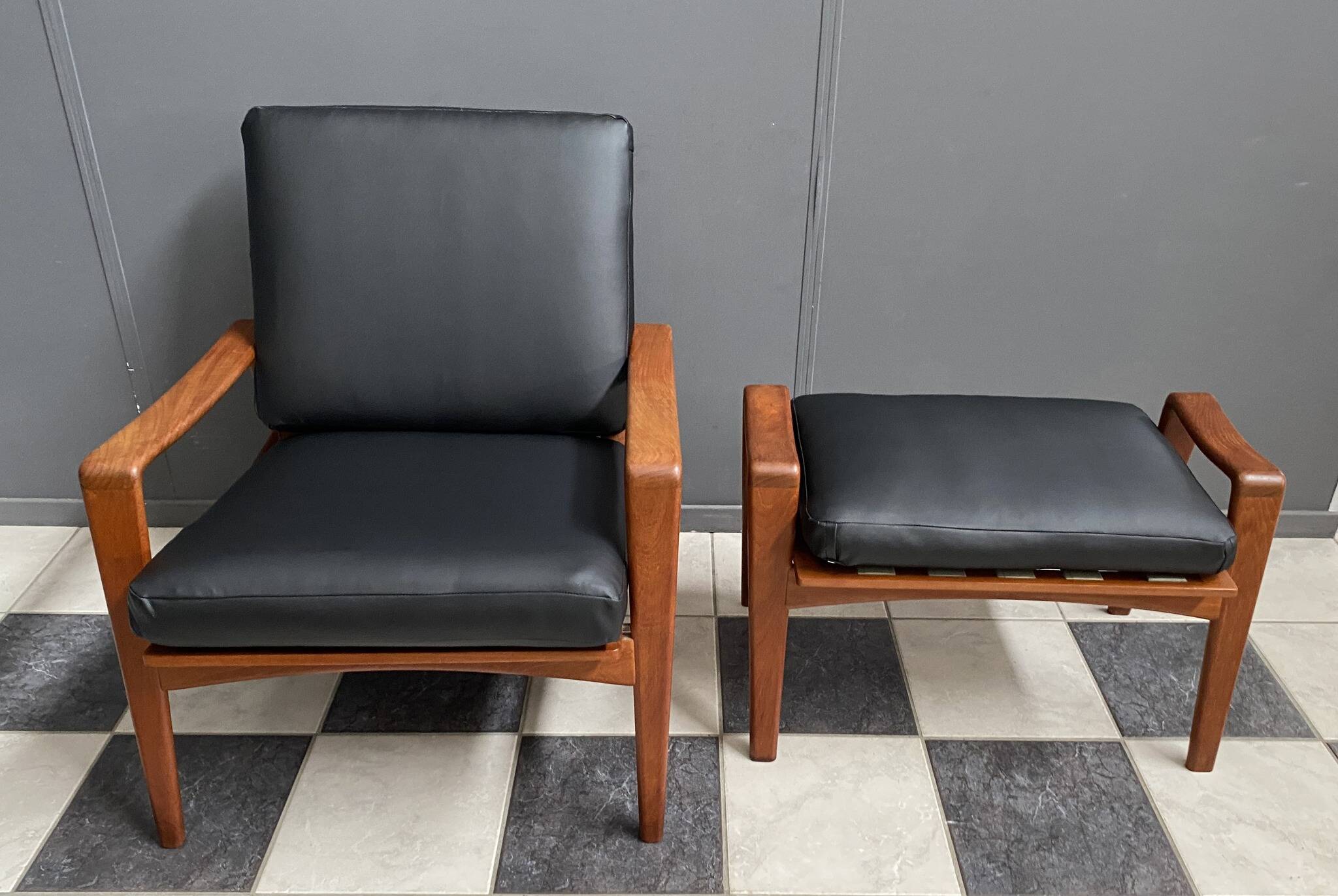 arne Wahl Iversen teak arm chair with ottoman