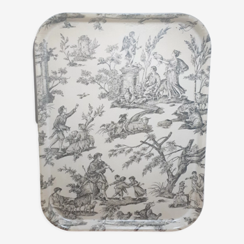 Plateau vintage en fibre de verre des années 50 , style toile de Jouy, antique français