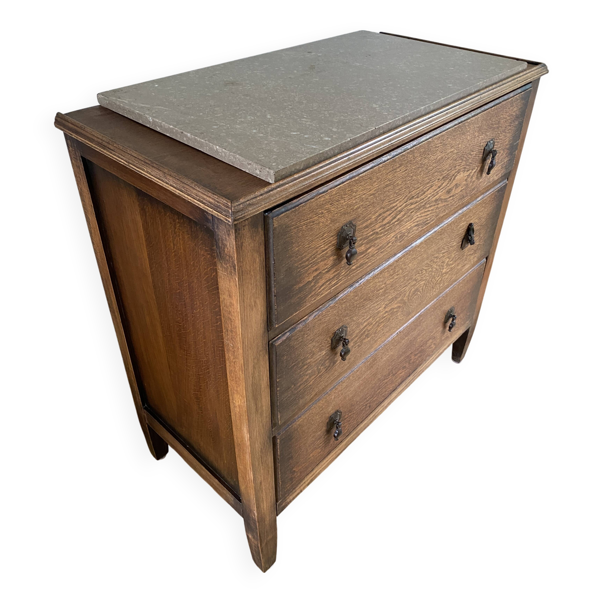 Vintage wooden chest of drawers with three drawers and brown marble top