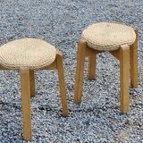 Pair of Scandinavian birch and sea rush stools from the 70s/80s