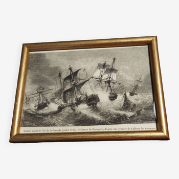 Gravure XIXème combat naval de l'île de la Grenade d'après Foulquier