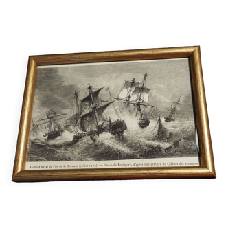 Gravure XIXème combat naval de l'île de la Grenade d'après Foulquier