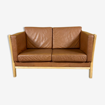 Canapé 2 places en cuir cognac danois avec cadre en bois