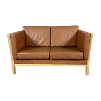 Danish cognac leather 2 seater sofa with wooden frame