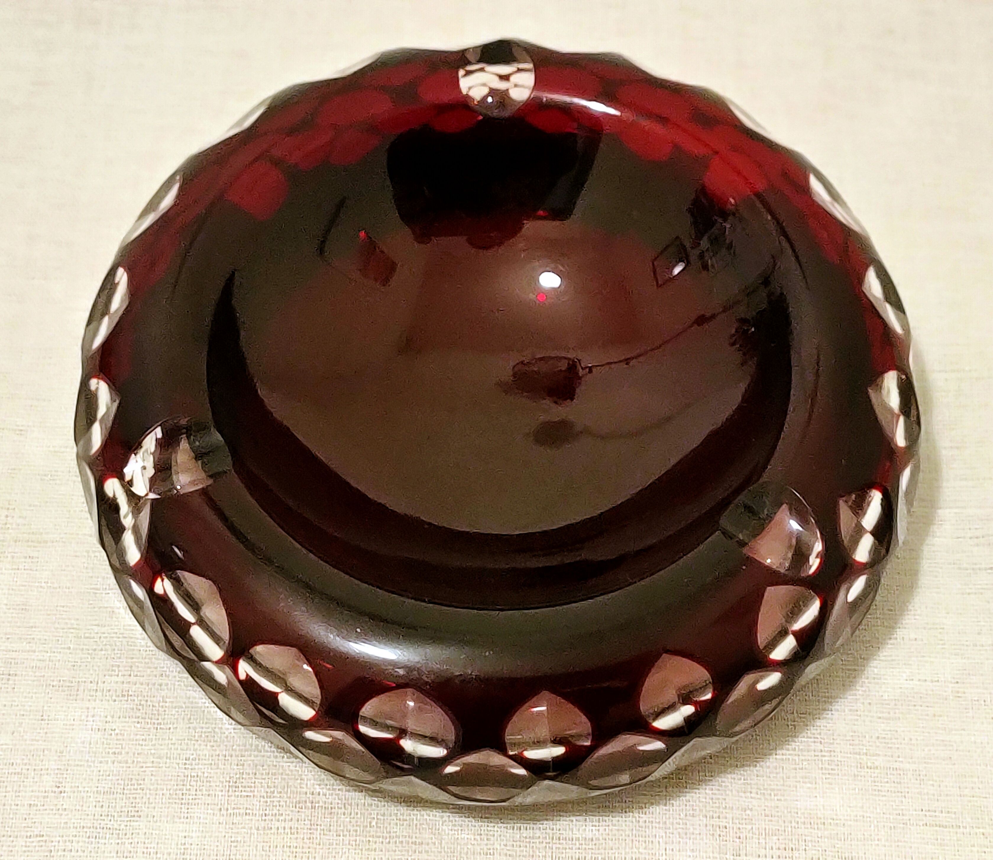 Cut Overlay crystal ashtray Bohemian crystal factory with three notches cigarettes - perfect condition