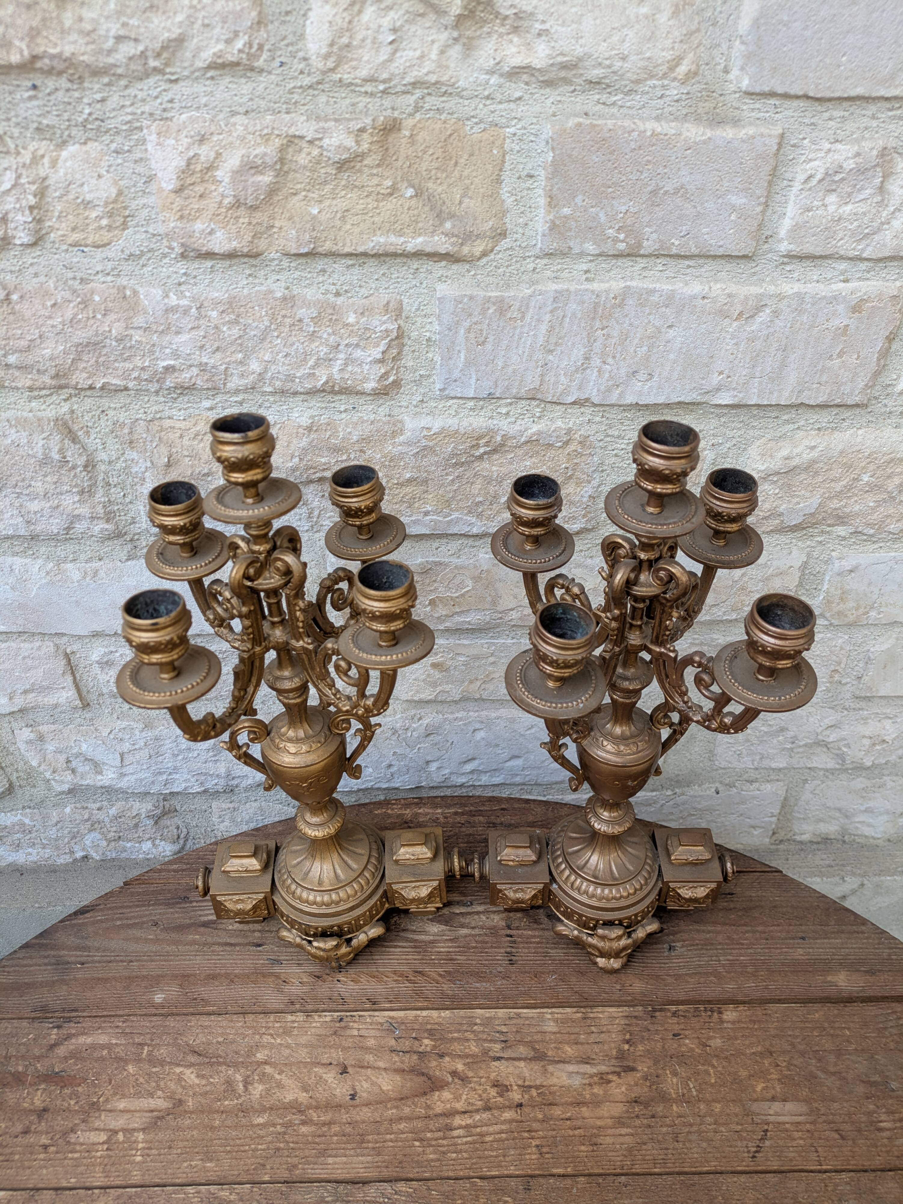 Pair of metal candelabra candle holders with 5 branches, 41cm