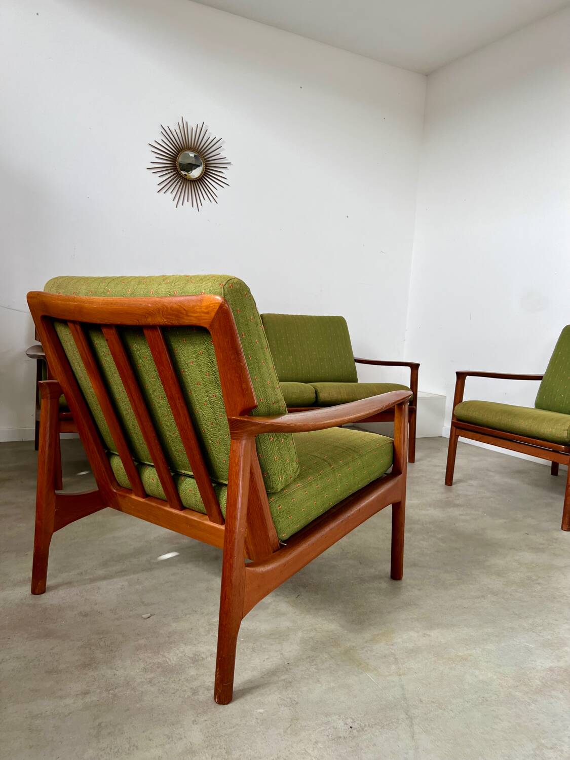 Living room set sofa armchair coffee table Scandinavian design 60s Swedish vintage teak