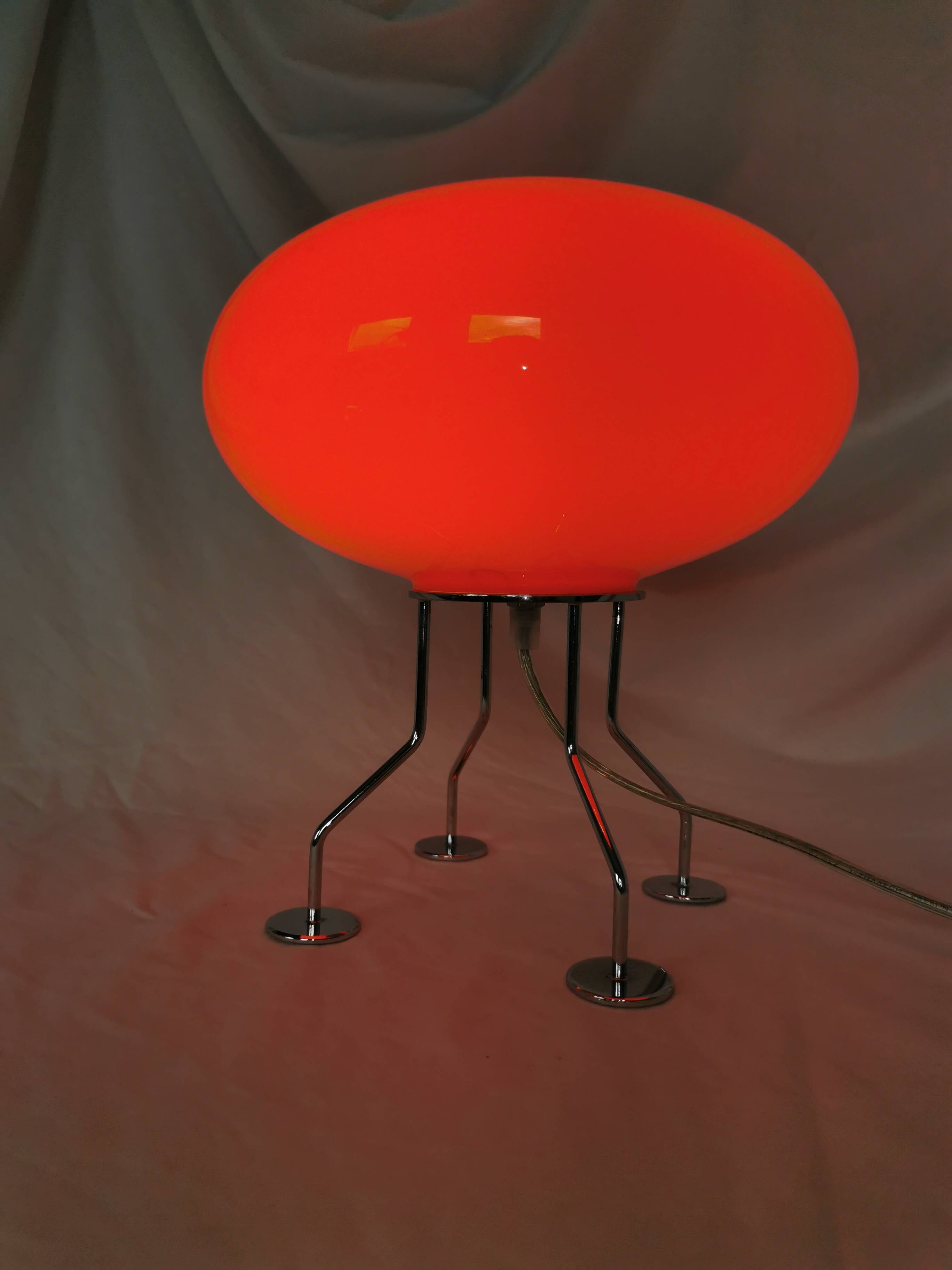 Red ufo mushroom lamp, space age, opaline and chrome steel.