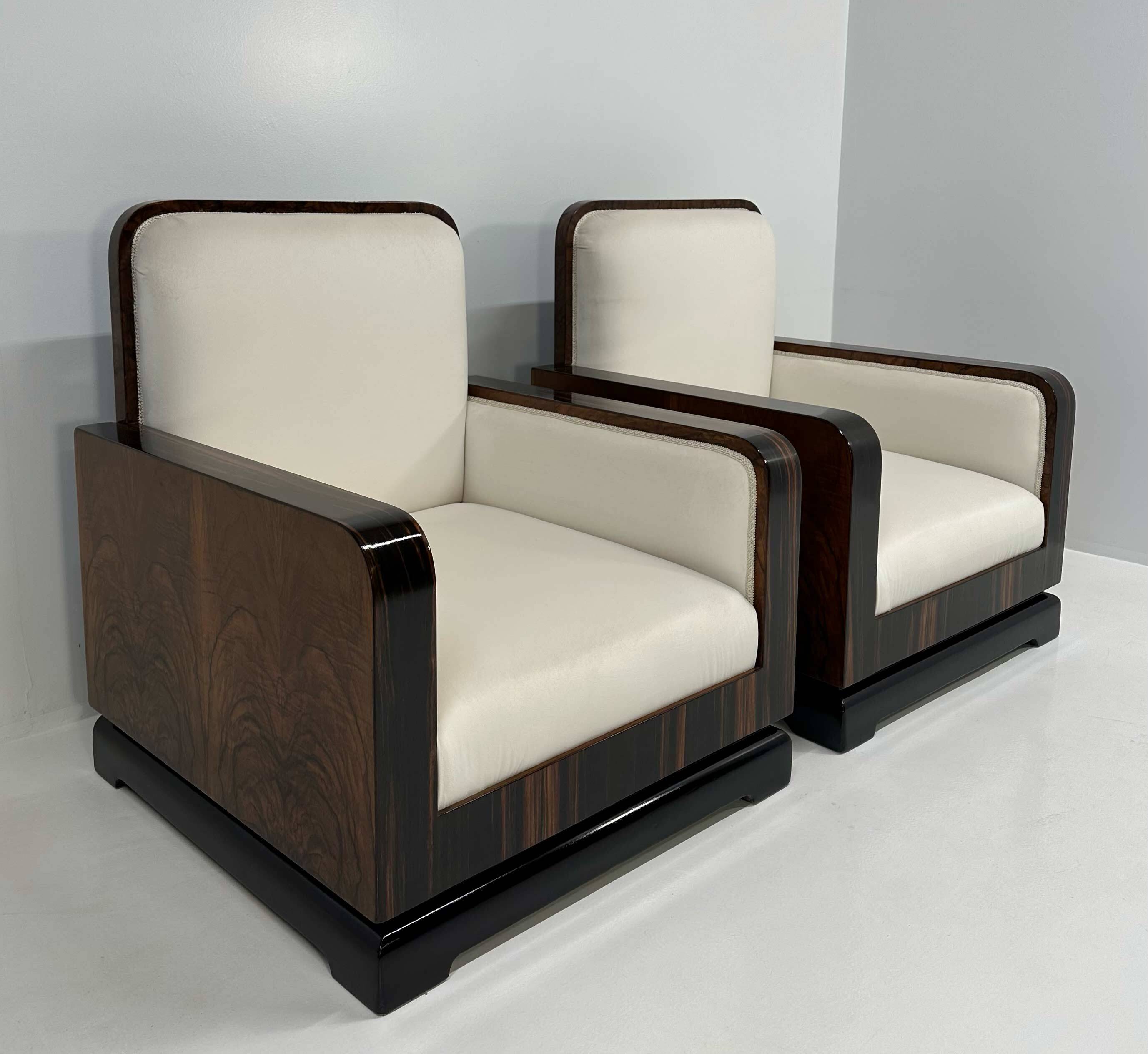 Set of Art Deco Italian Macassar and Walnut Root Armchairs, 1930s