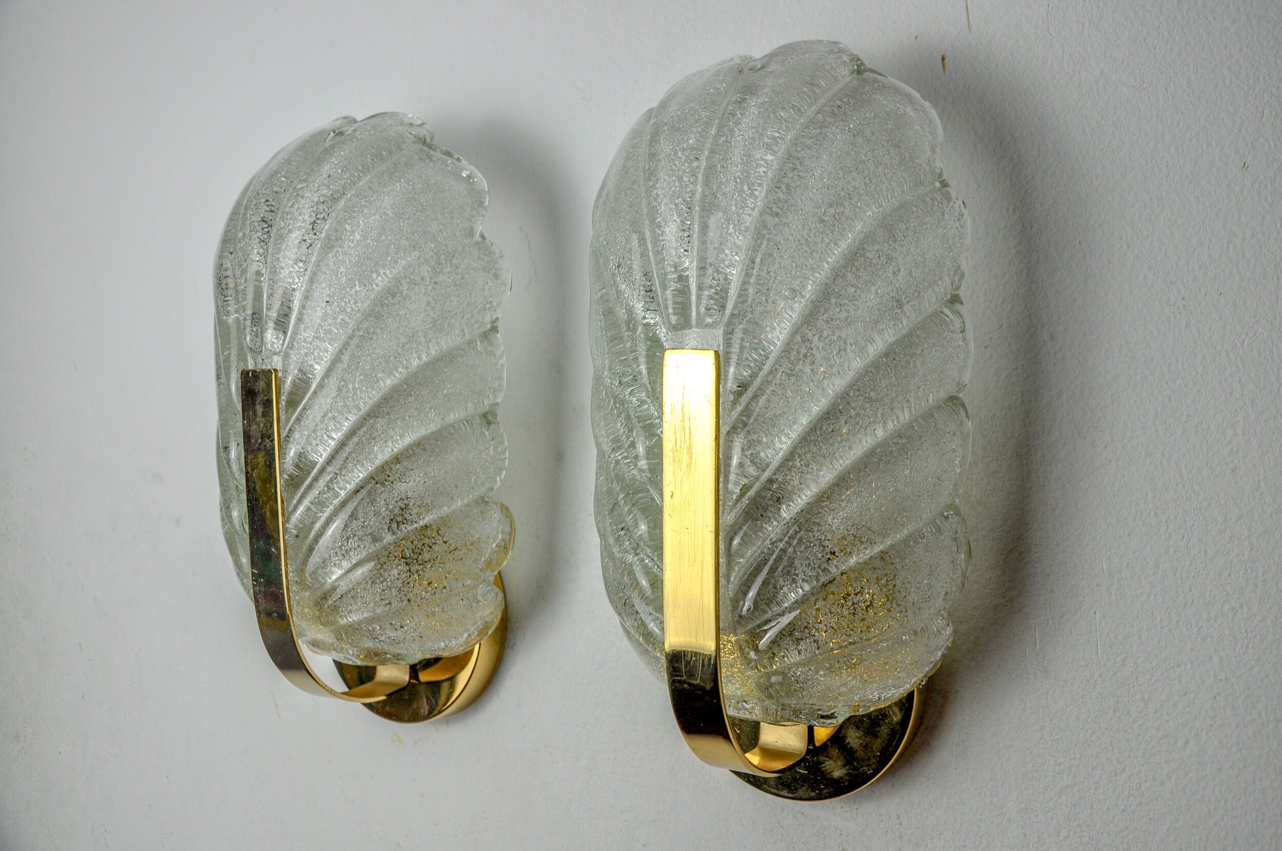Pair of frosted leaf sconces, murano glass, italy, 1970