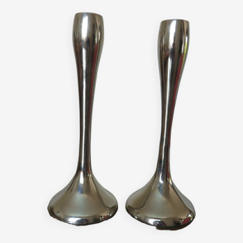 Pair of tulip foot candlesticks in chromed aluminum 1970