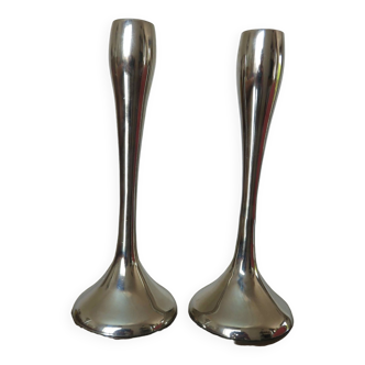 Pair of tulip foot candlesticks in chromed aluminum 1970