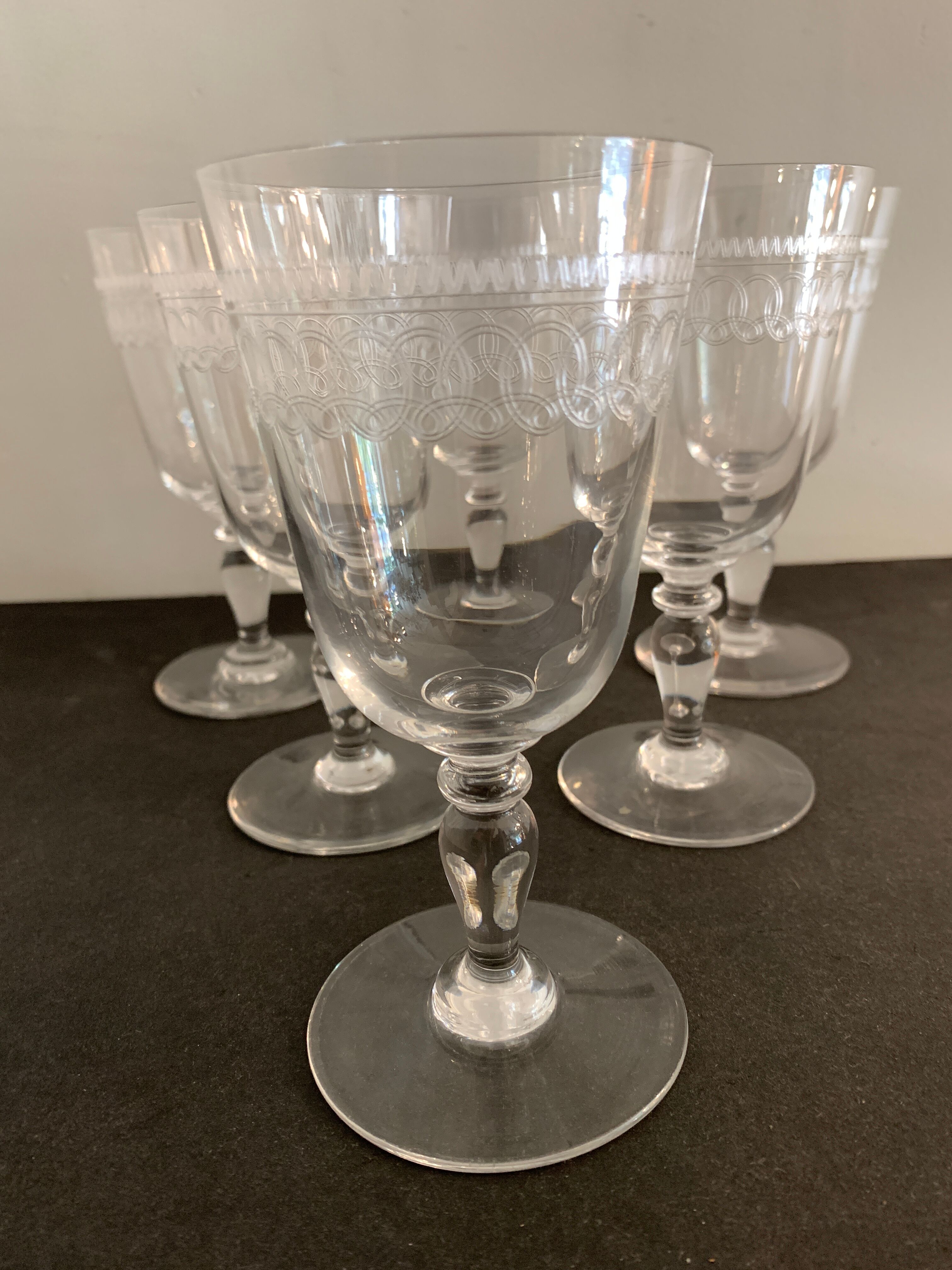 6 antique engraved crystal wine glasses