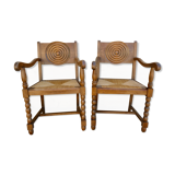 Pair of neo-Basque armchairs, wooden and mulched seat