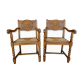 Pair of neo-Basque armchairs, made of wood with straw seats