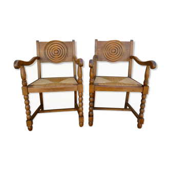 Pair of neo-Basque armchairs, wooden and mulched seat
