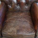 Set of 2 Cognac Brown Grained Cowhide Leather Chesterfield Armchairs