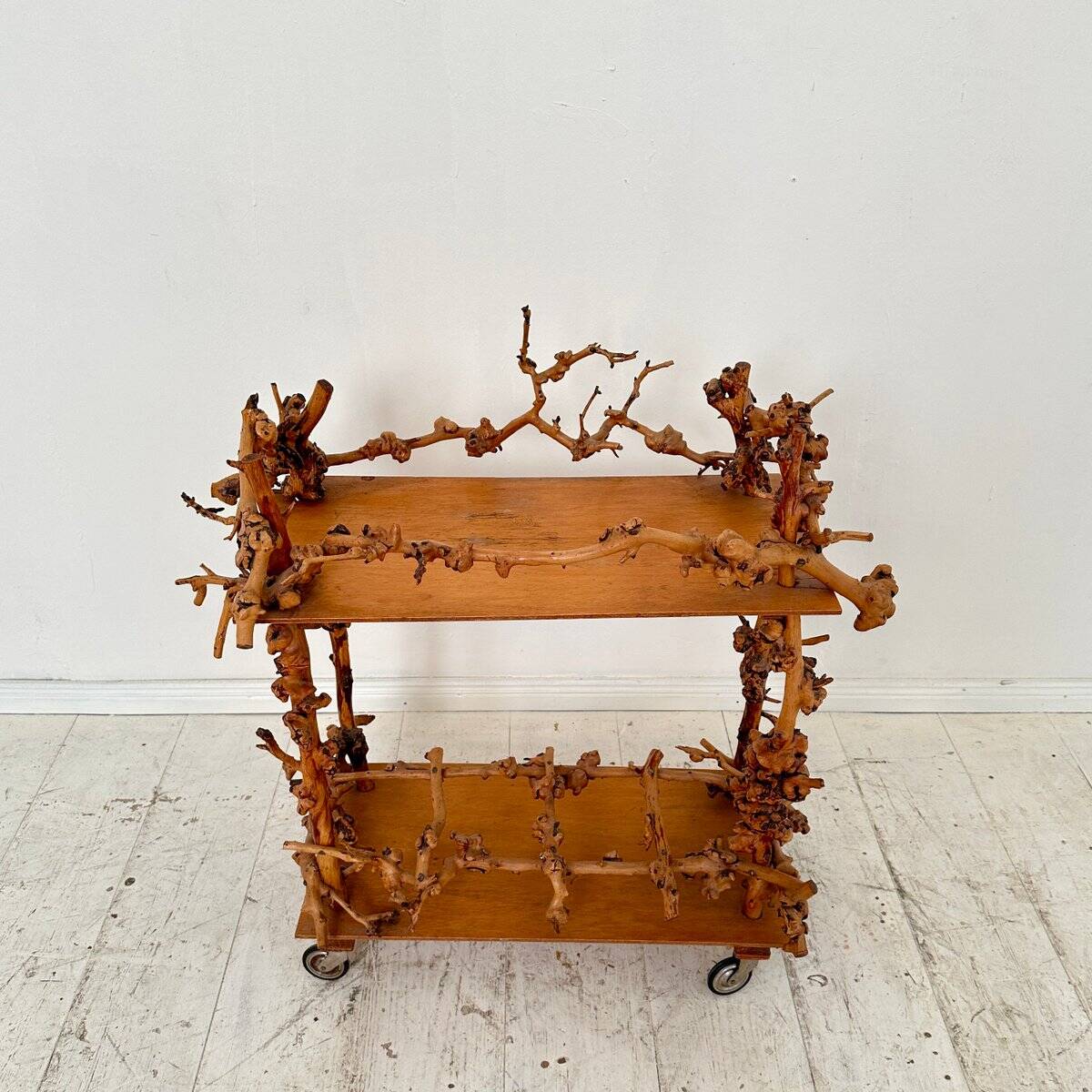 Mid-Century Bar Cart in Brown Burl, Plywood and Root Wood, 1960s