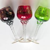 Set of 3 colored wine glasses - Ruby, red, green, gold and twisted foot