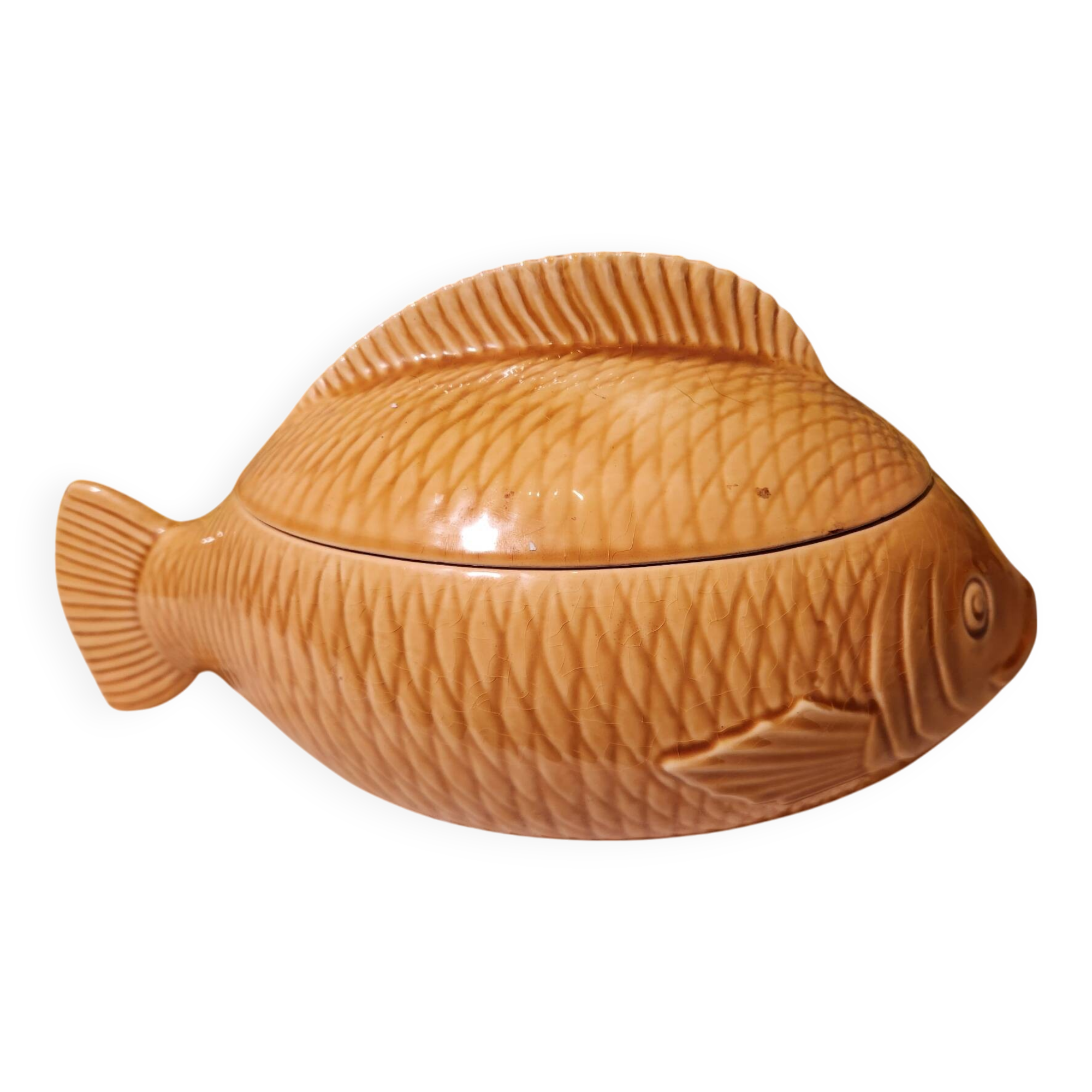 Bouillabaisse tureen fish Sarreguemines France yellow ceramic